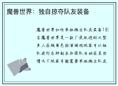 魔兽世界：独自掠夺队友装备